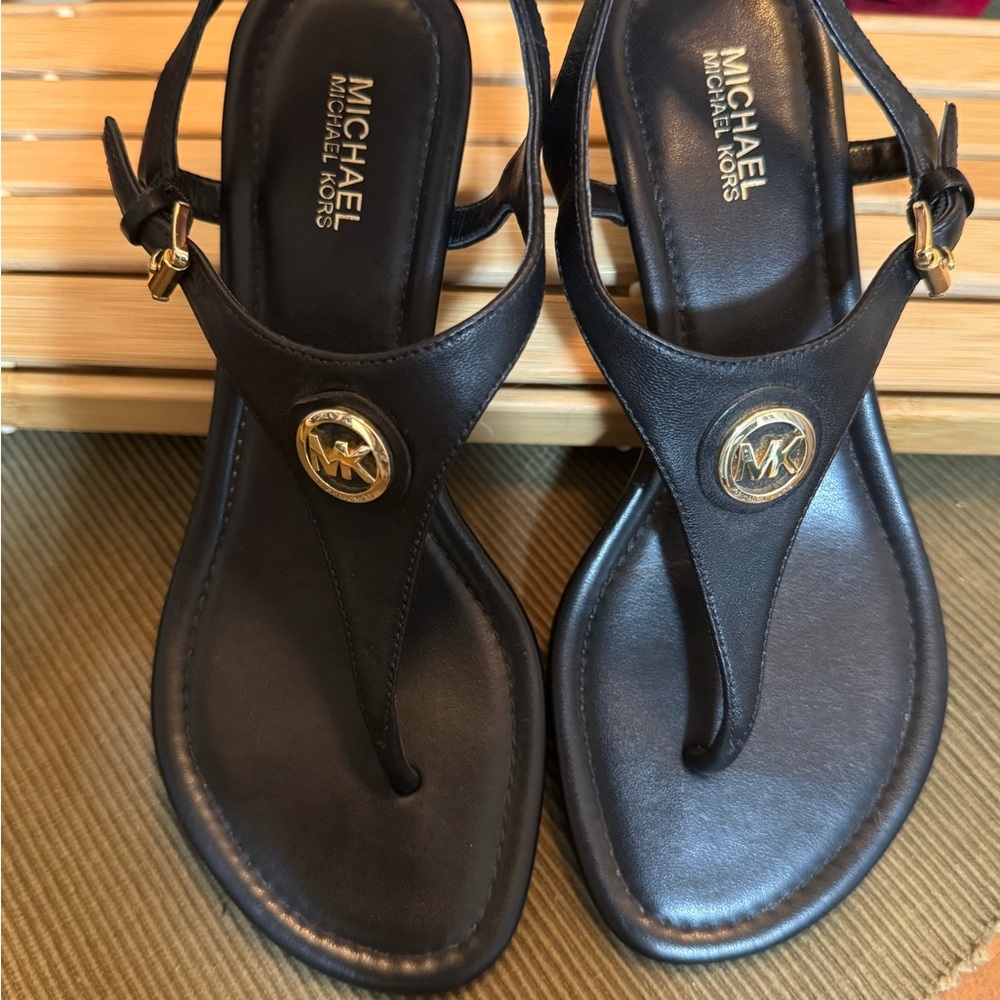Michael Kors Black Leather Sandals with Gold Accents